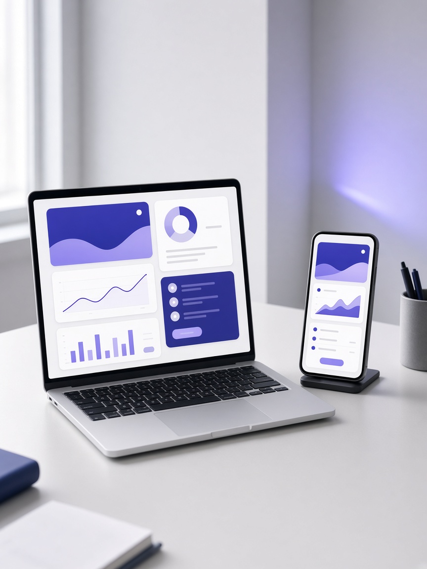 Laptop and phone showing product software